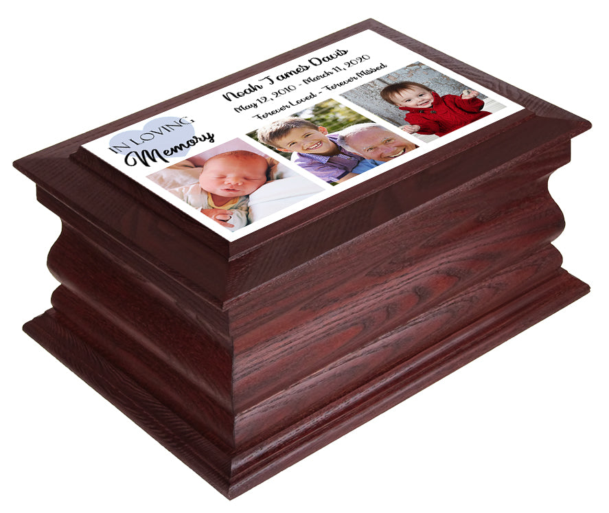 Blue Heart Boy Photo Redwood Urn - 3 Photo Options