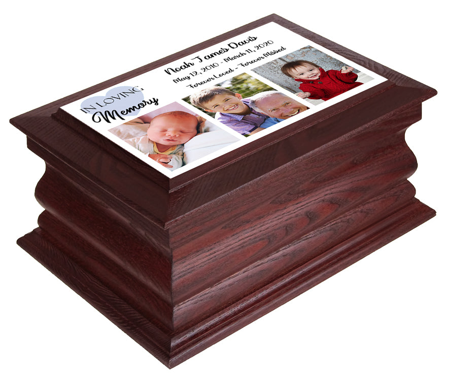 Blue Heart Boy Photo Redwood Urn - 3 Photo Options