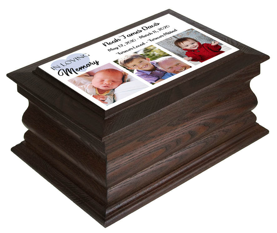 Blue Heart Boy Photo Walnut Urn - 3 Photo Options