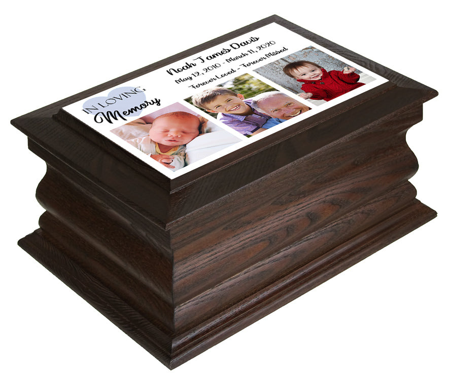 Blue Heart Boy Photo Walnut Urn - 3 Photo Options