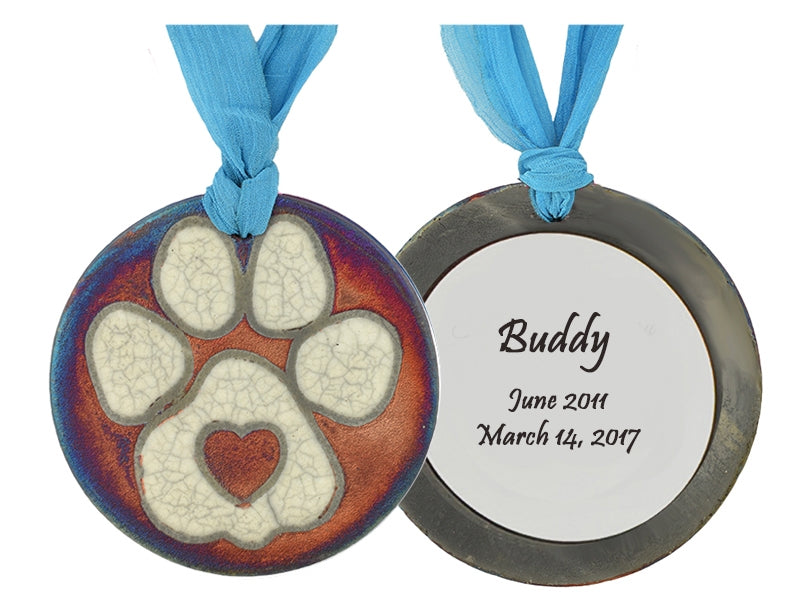 Christmas Tree Blue Paw Print Raku Ornament