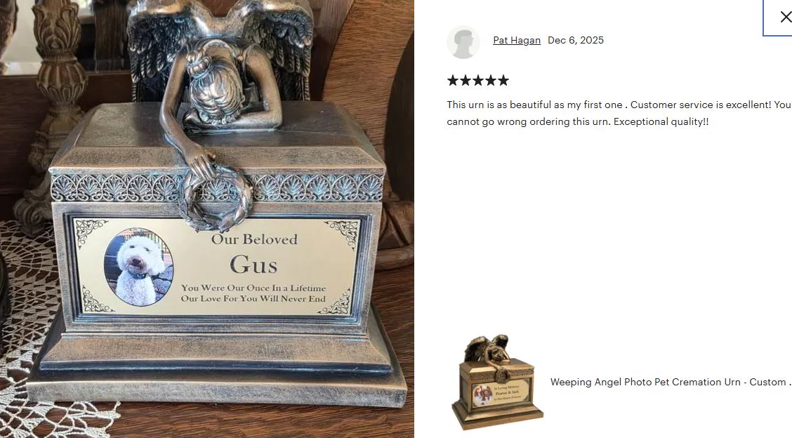 Weeping Angel Photo Pet Cremation Urn - Custom Wings & Gold Engraving - Beautiful Mourning Angel