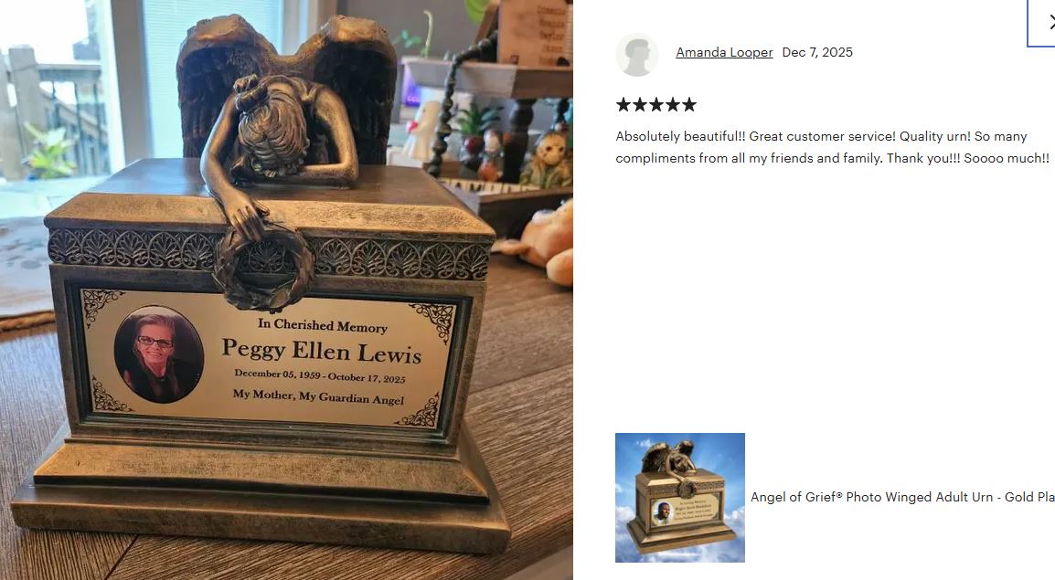 Weeping Angel Photo Adult Cremation Urn - Custom Wings & Plate Engraving - Beautiful Mourning Angel