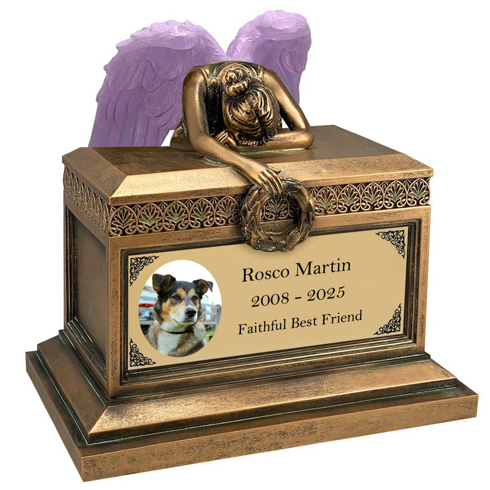 Weeping Angel Photo Pet Cremation Urn - Custom Wings & Gold Engraving - Beautiful Mourning Angel