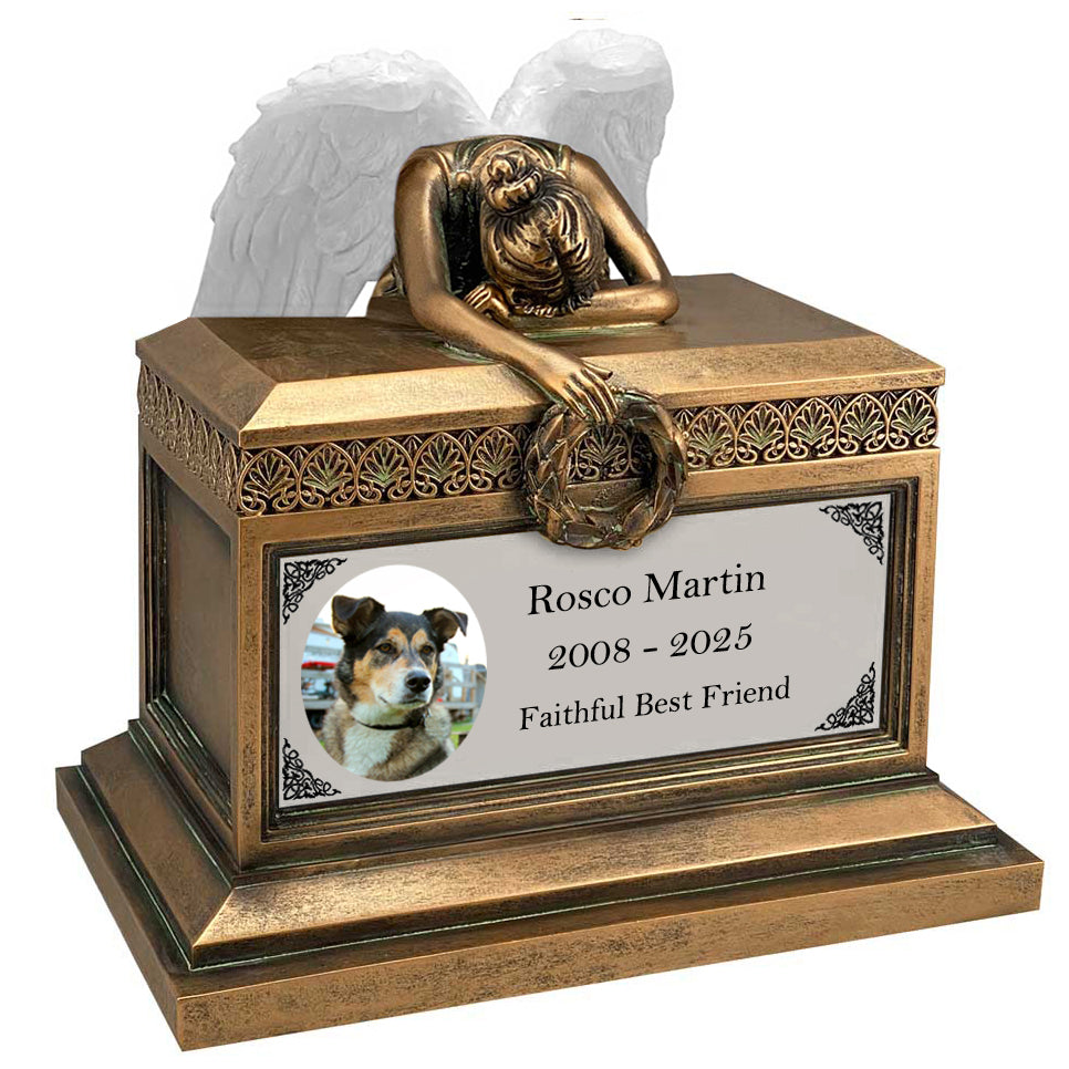 Weeping Angel Photo Pet Cremation Urn - Custom Wings & Silver Engraving - Beautiful Mourning Angel