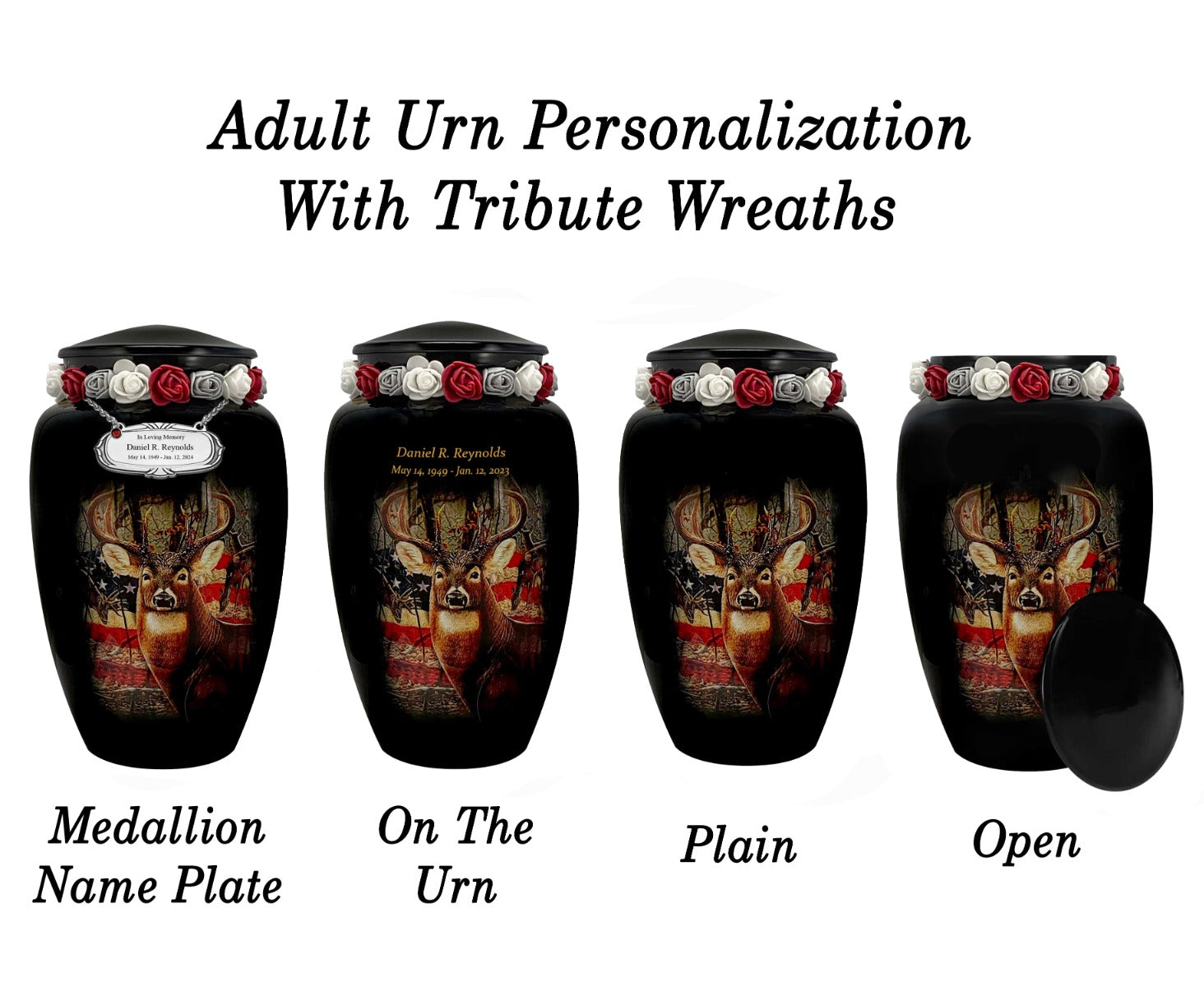 Buck USA Flag Deer Medium or Adult Cremation Urn - Tribute Wreath™ - Pro Personalization - Burial Vault Option