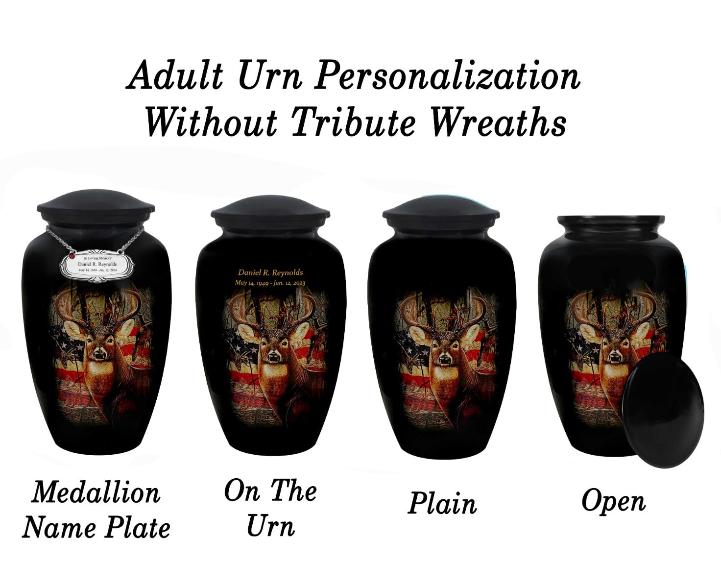 Buck USA Flag Deer Medium or Adult Cremation Urn - Tribute Wreath™ - Pro Personalization - Burial Vault Option
