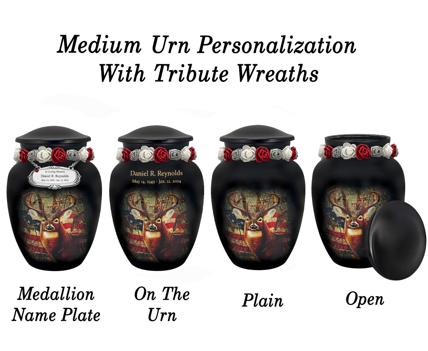 Buck USA Flag Deer Medium or Adult Cremation Urn - Tribute Wreath™ - Pro Personalization - Burial Vault Option