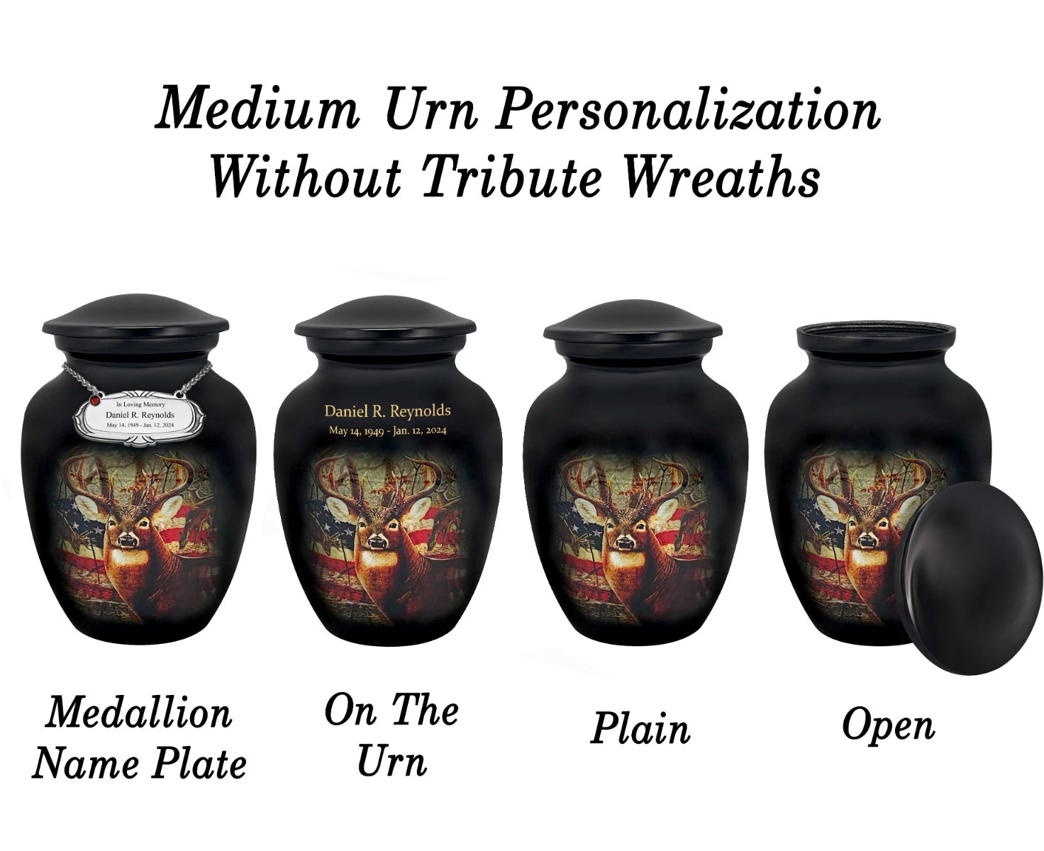 Buck USA Flag Deer Medium or Adult Cremation Urn - Tribute Wreath™ - Pro Personalization - Burial Vault Option