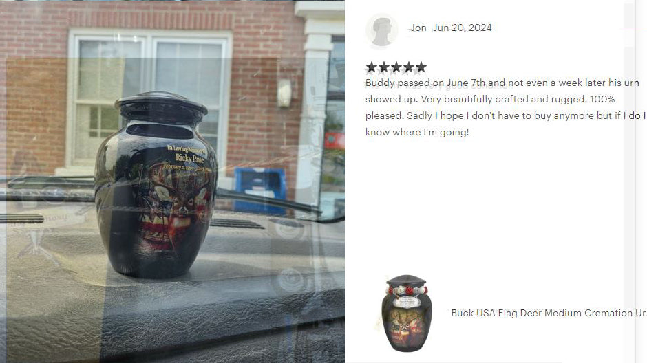 Buck USA Flag Deer Medium Cremation Urn - Tribute Wreath™ Option - Pro Sand Carved Engraving