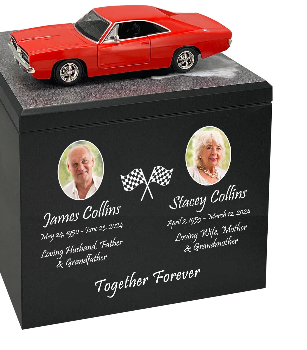Race Track Companion Cremation Urn & 1969 Dodge Charger R/T Décor - With Photos
