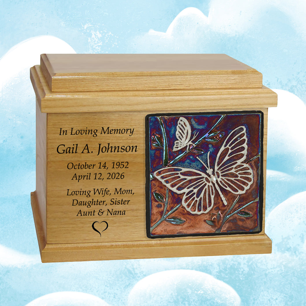 Oak Wood Raku Tile Adult Cremation Urns - Free Engraving