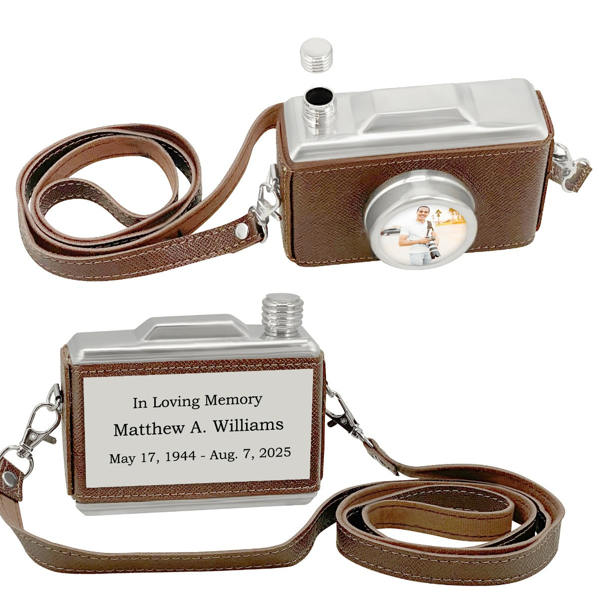 Classic Camera Urn - Leather Wrapped Keepsake Cremation Urn - Photo & Personalization Option
