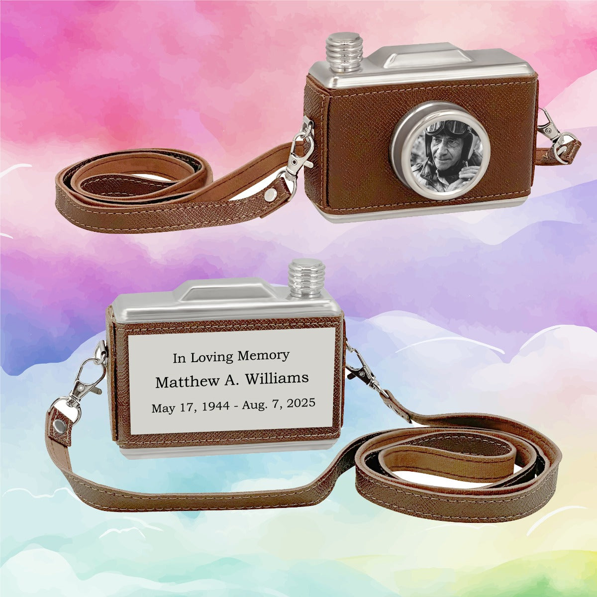 Classic Camera Urn - Leather Wrapped Keepsake Cremation Urn - Photo & Personalization Option