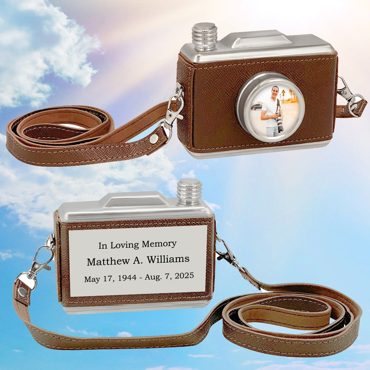 Classic Camera Urn - Leather Wrapped Keepsake Cremation Urn - Photo & Personalization Option