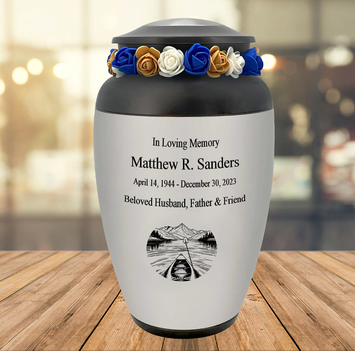 Canoe Pewter Adult Cremation Urn - Tribute Wreath™ - Pro Personalization - Burial Vault Option