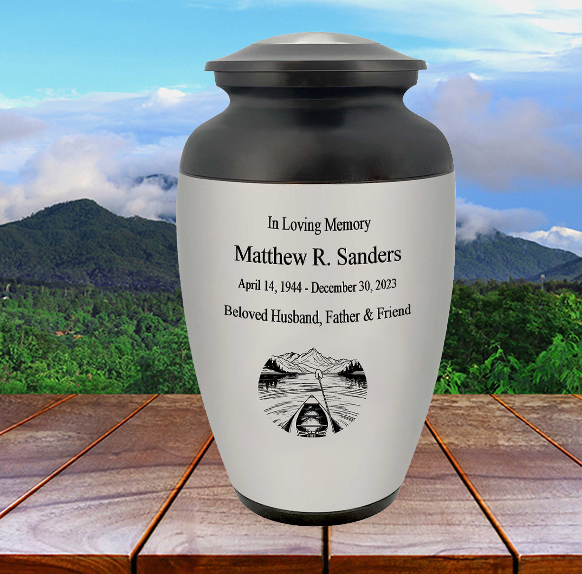 Canoe Pewter Adult Cremation Urn - Tribute Wreath™ - Pro Personalization - Burial Vault Option