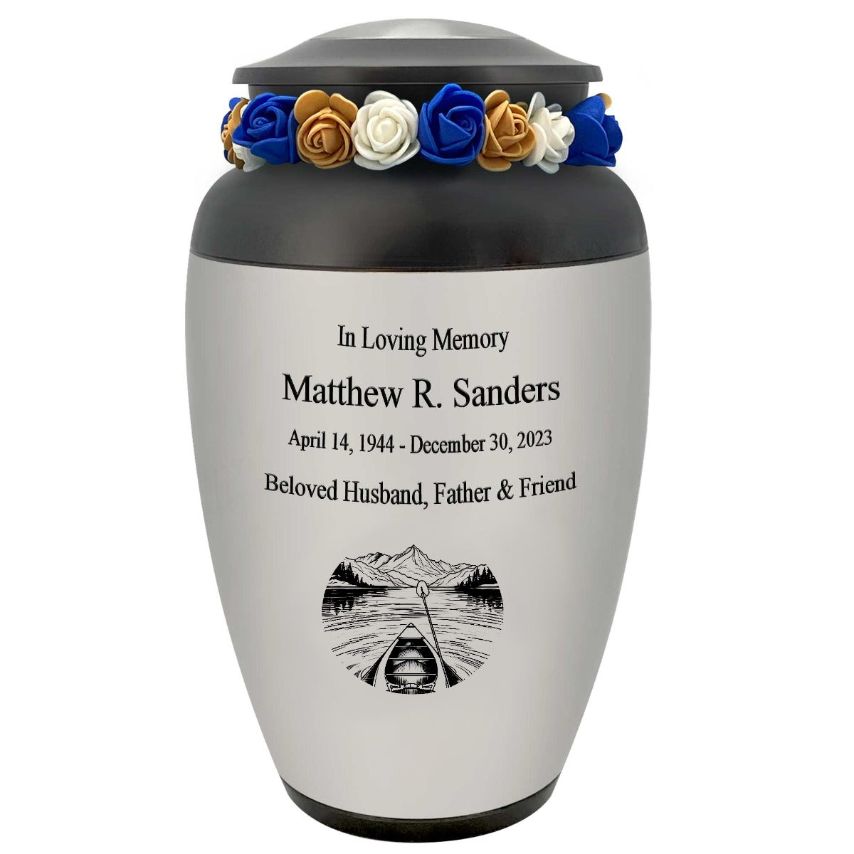 Canoe Pewter Adult Cremation Urn - Tribute Wreath™ - Pro Personalization - Burial Vault Option