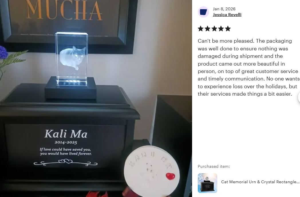 Cat Memorial Urn & Crystal Rectangle Set - Pet Cremation Crystal Urn