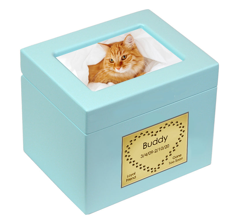 Small Pet Blue Photo Chest Urn - Free Plate