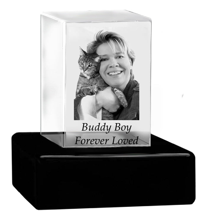 Cat Memorial Urn & Crystal Rectangle Set - Pet Cremation Crystal Urn