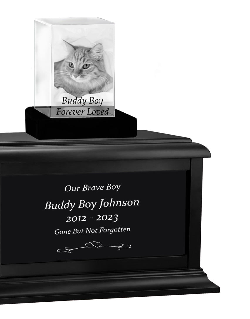 Cat Memorial Urn & Crystal Rectangle Set - Pet Cremation Crystal Urn