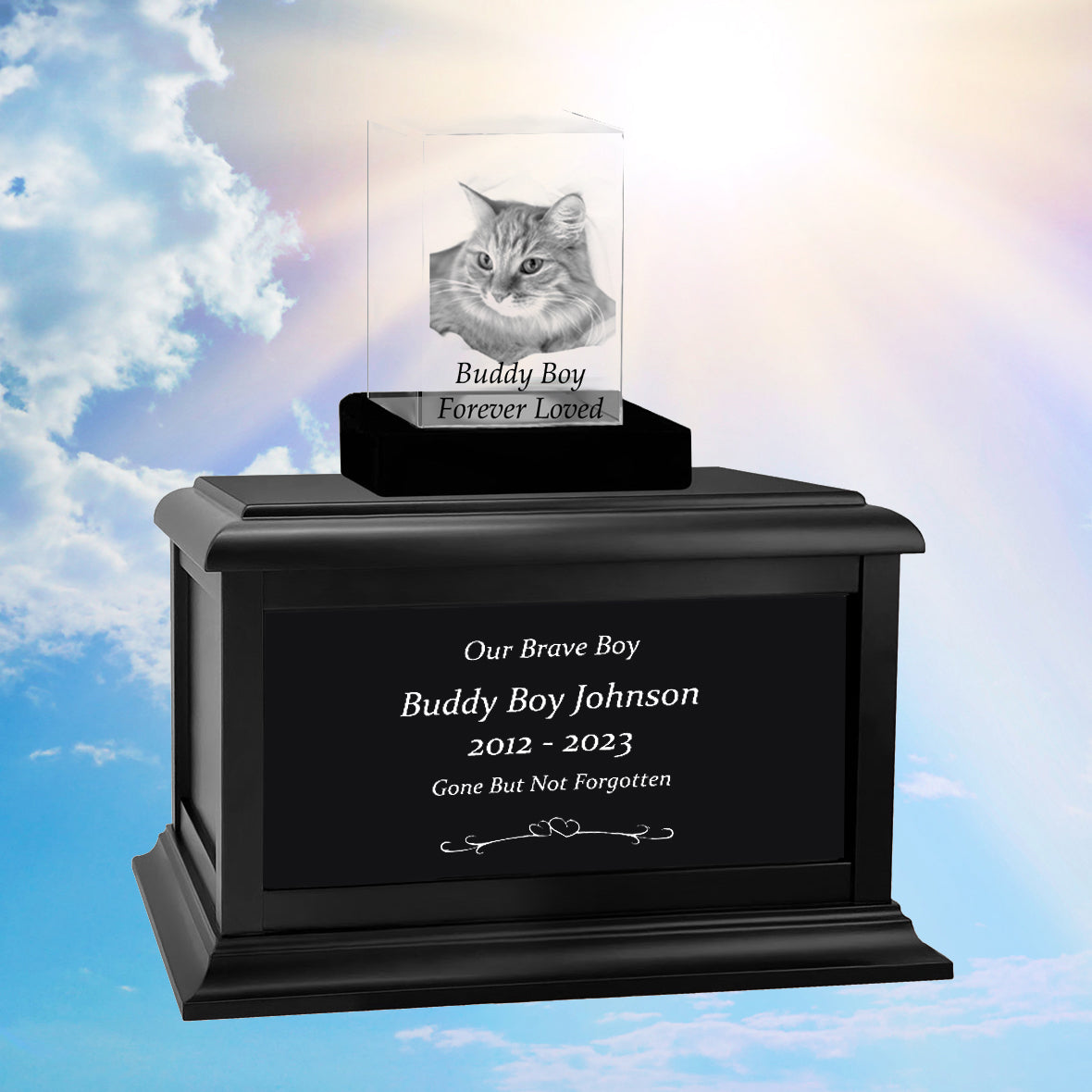 Cat Memorial Urn & Crystal Rectangle Set - Pet Cremation Crystal Urn