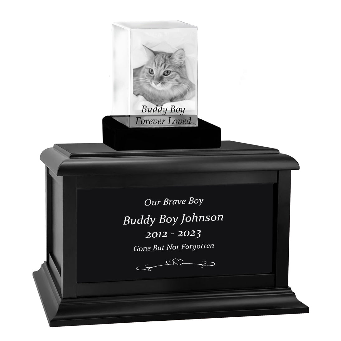 Cat Memorial Urn & Crystal Rectangle Set - Pet Cremation Crystal Urn