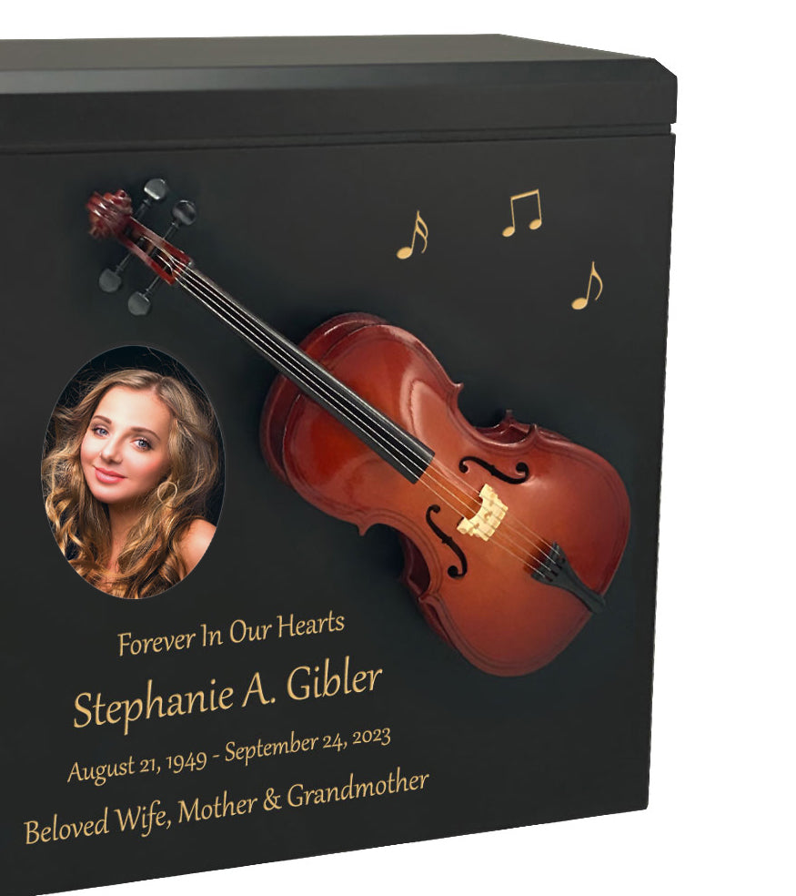 Cello Wood Adult Cremation Urn - Miniature Cello - Photo Option