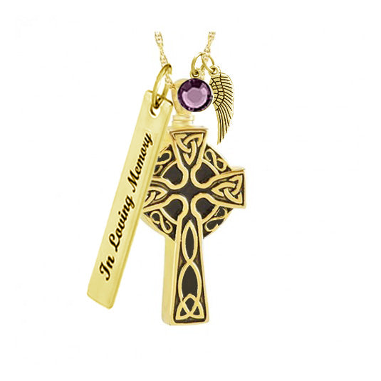 Celtic Cross Gold Cremation Pendant Urn - Love Charms™ Option
