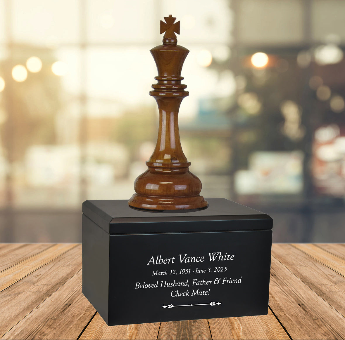 Chess King Cremation Urn - Teak and Black Wood