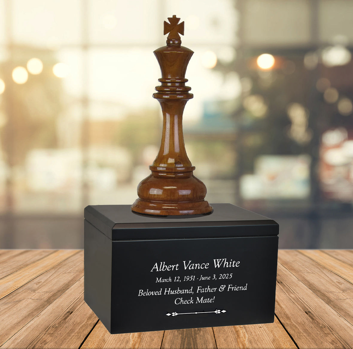Chess King Cremation Urn - Teak and Black Wood