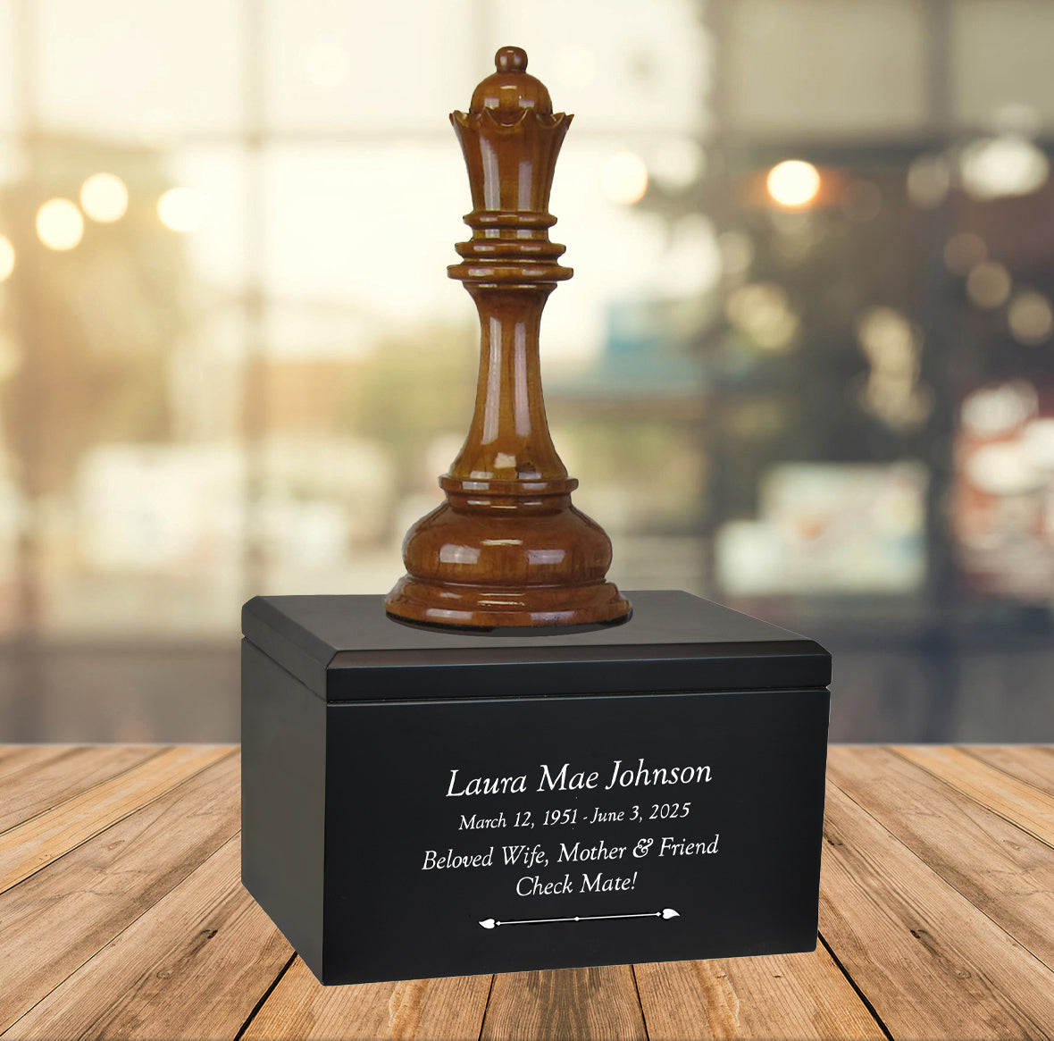 Chess Queen Cremation Urn - Teak and Black Wood