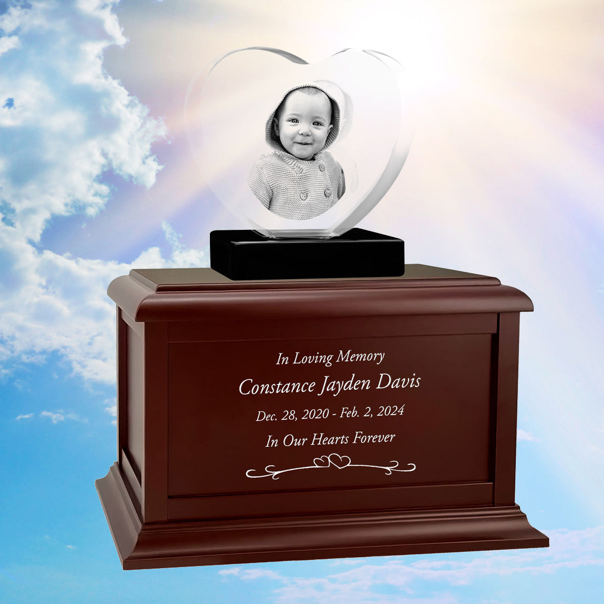 Child Memorial Heart 3D Crystal Infinity Wood Urn Set