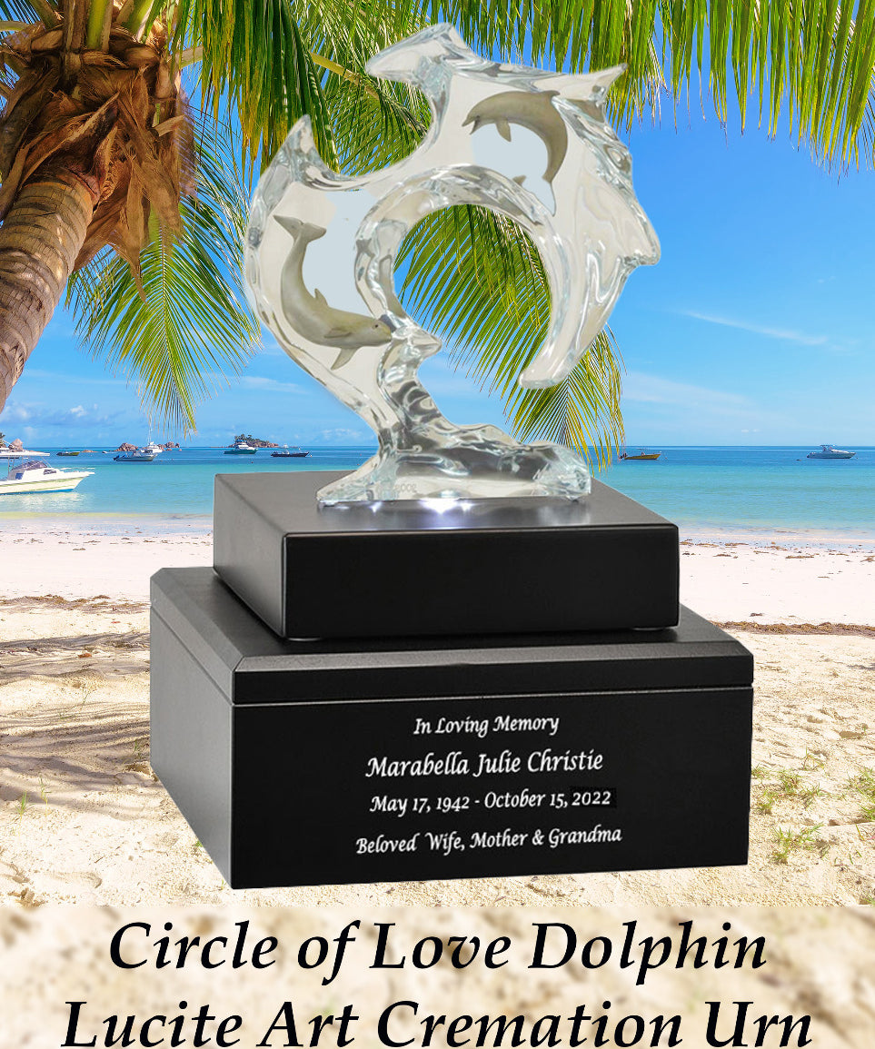 Circle of Love Dolphin Lucite Art Cremation Urn - Handmade Wooden Adult Urn