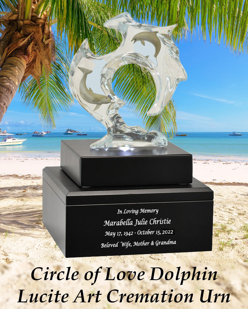 Circle of Love Dolphin Lucite Art Cremation Urn - Handmade Wooden Adult Urn