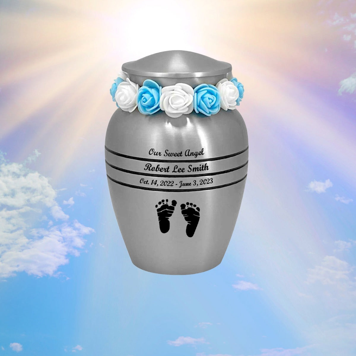 Classic Pewter Toddler Feet Urn & Blue - Tribute Wreath™ - Free Pro Diamond Engraving