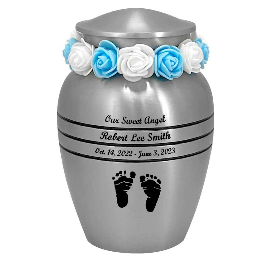 Classic Pewter Toddler Feet Urn & Blue - Tribute Wreath™ - Free Pro Diamond Engraving