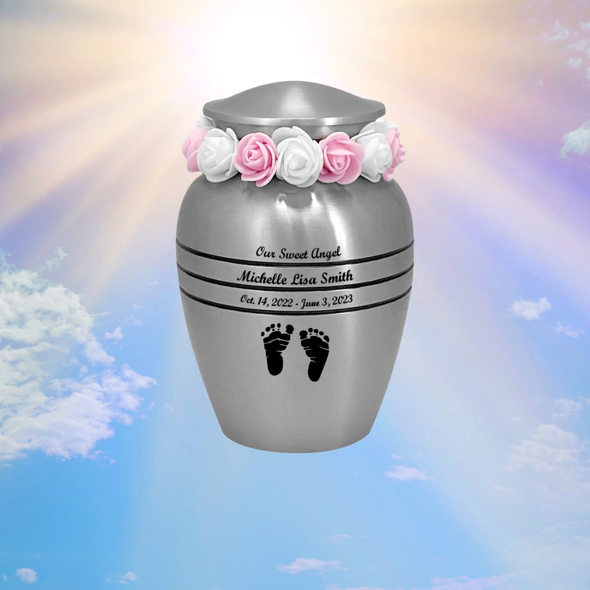 Classic Pewter Toddler Feet Urn & Pink  - Tribute Wreath™ - Free Pro Diamond Engraving