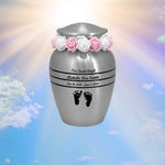 Classic Pewter Toddler Feet Urn & Pink  - Tribute Wreath™ - Free Pro Diamond Engraving