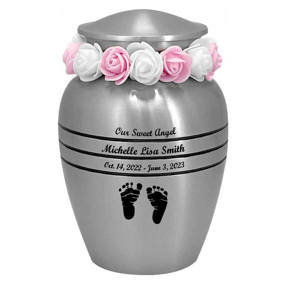 Classic Pewter Toddler Feet Urn & Pink  - Tribute Wreath™ - Free Pro Diamond Engraving