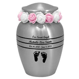 Classic Pewter Toddler Feet Urn & Pink  - Tribute Wreath™ - Free Pro Diamond Engraving