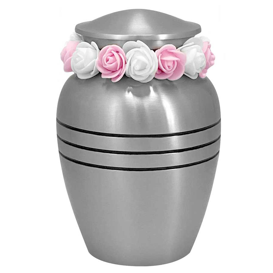 Classic Pewter Toddler Feet Urn & Pink  - Tribute Wreath™ - Free Pro Diamond Engraving