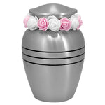 Classic Pewter Toddler Feet Urn & Pink  - Tribute Wreath™ - Free Pro Diamond Engraving