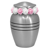 Classic Pewter Toddler Feet Urn & Pink  - Tribute Wreath™ - Free Pro Diamond Engraving