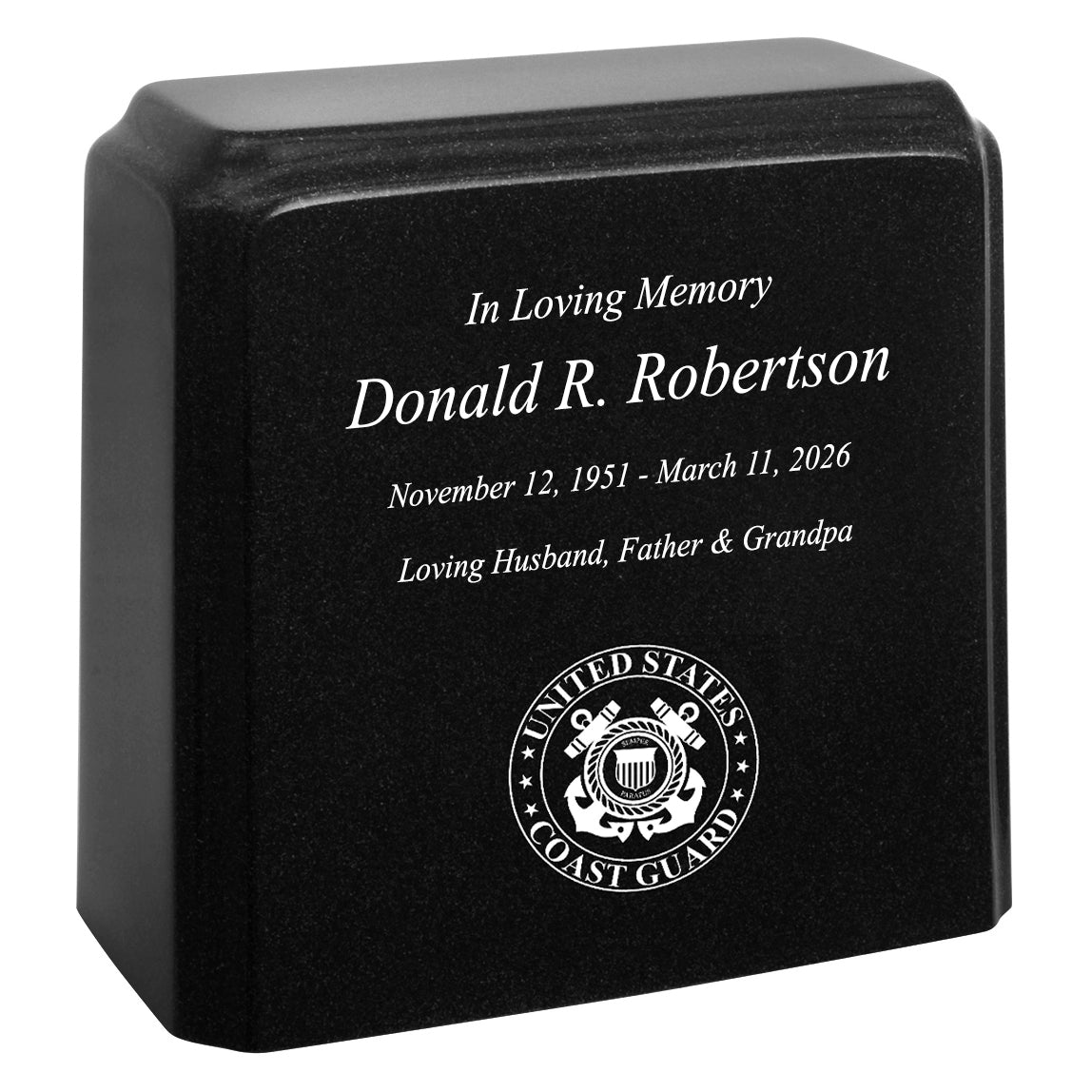 United States Coast Guard Cultured Marble Niche Cremation Urn - 12 Color Choices - Vault Option
