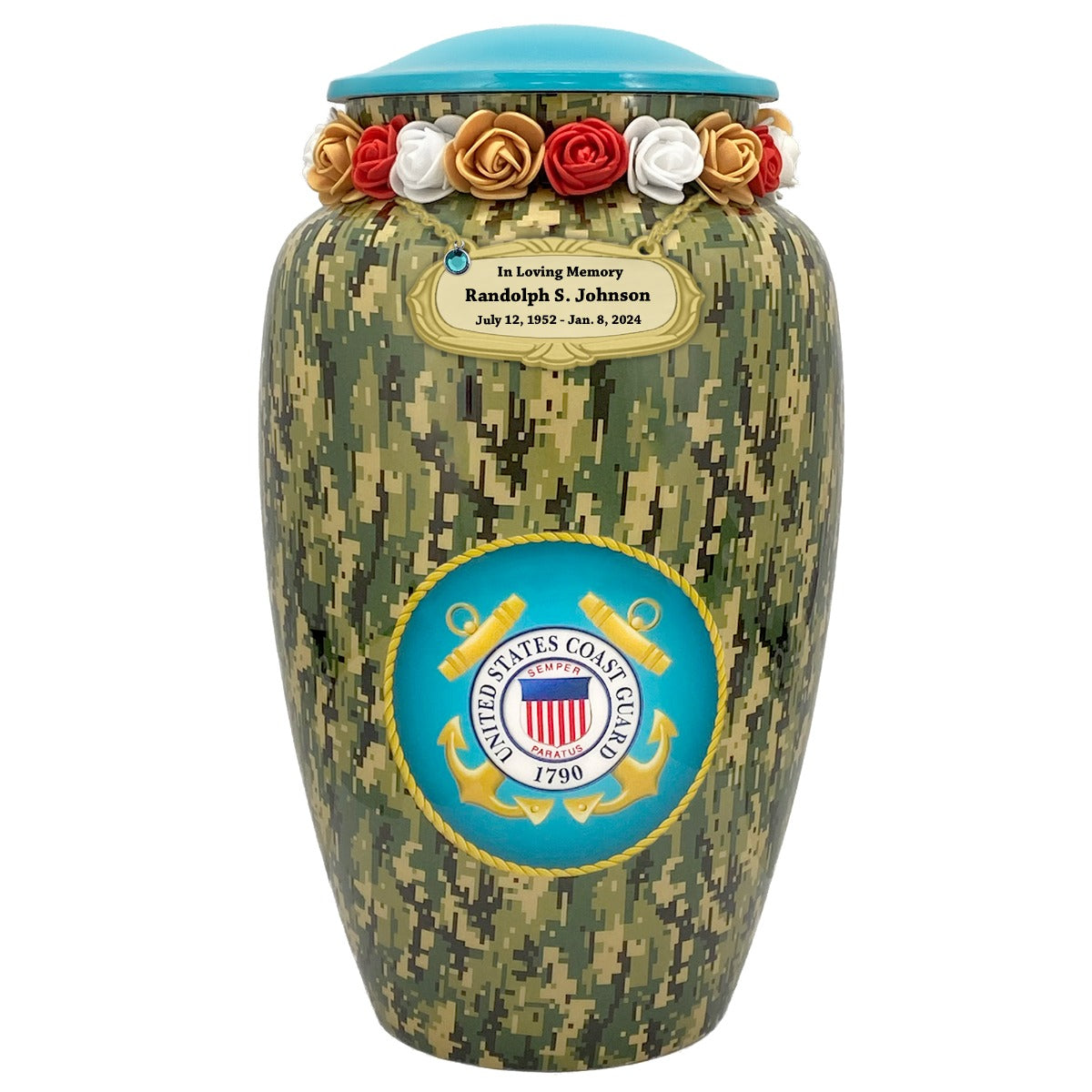 US Coast Guard Camouflage Cremation Urn - Tribute Wreath™ - Pro Sand Carved Engraving