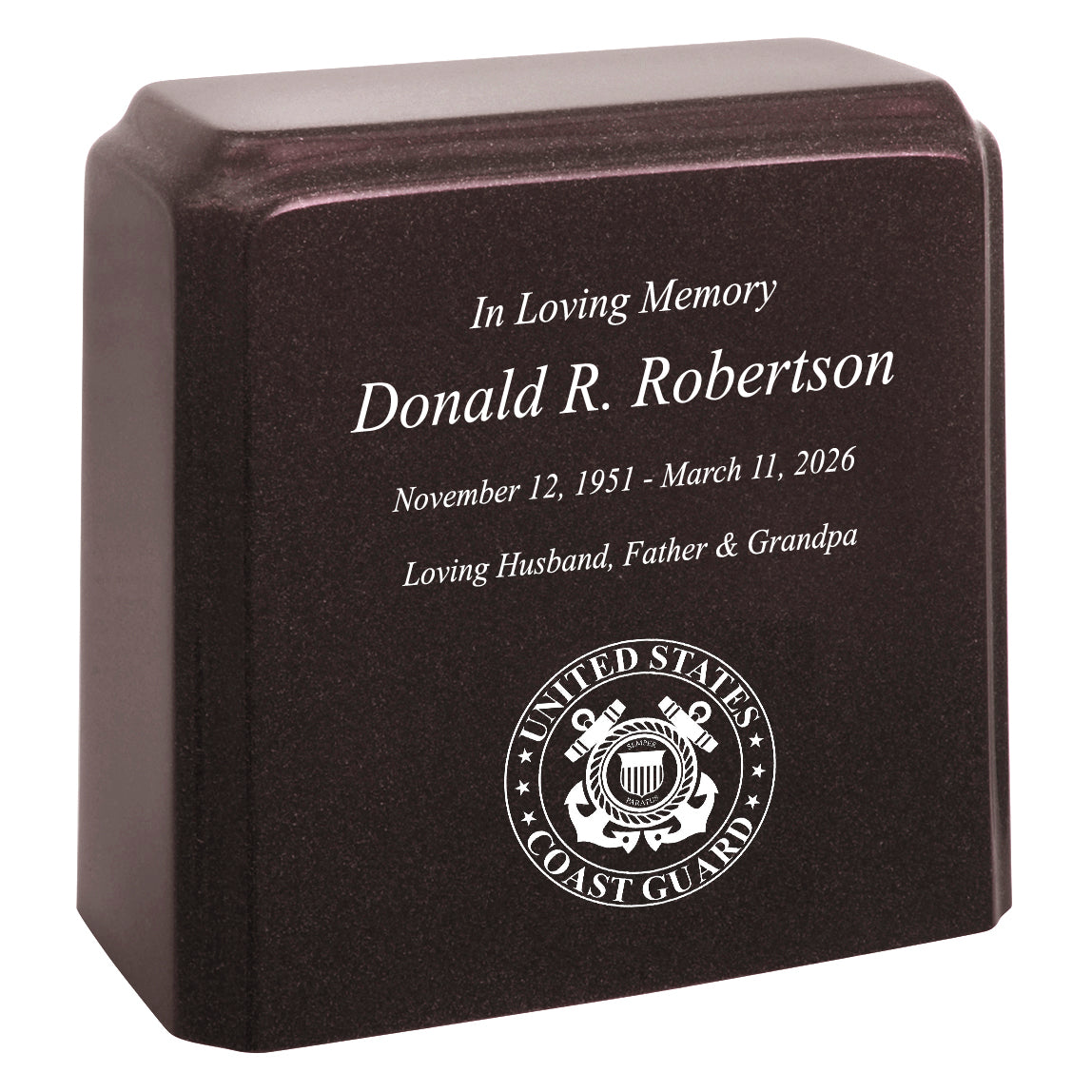 United States Coast Guard Cultured Marble Niche Cremation Urn - 12 Color Choices - Vault Option