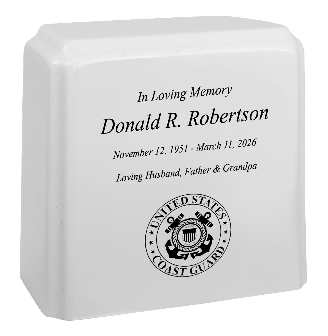 United States Coast Guard Cultured Marble Niche Cremation Urn - 12 Color Choices - Vault Option
