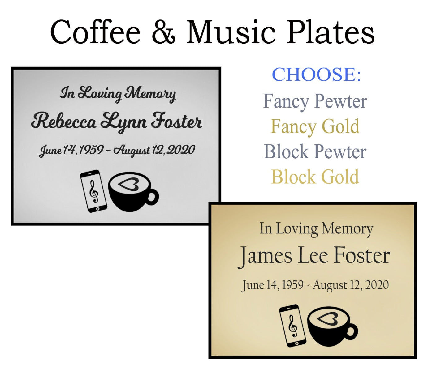 Coffee & Music Name Plates For Cremation Urns